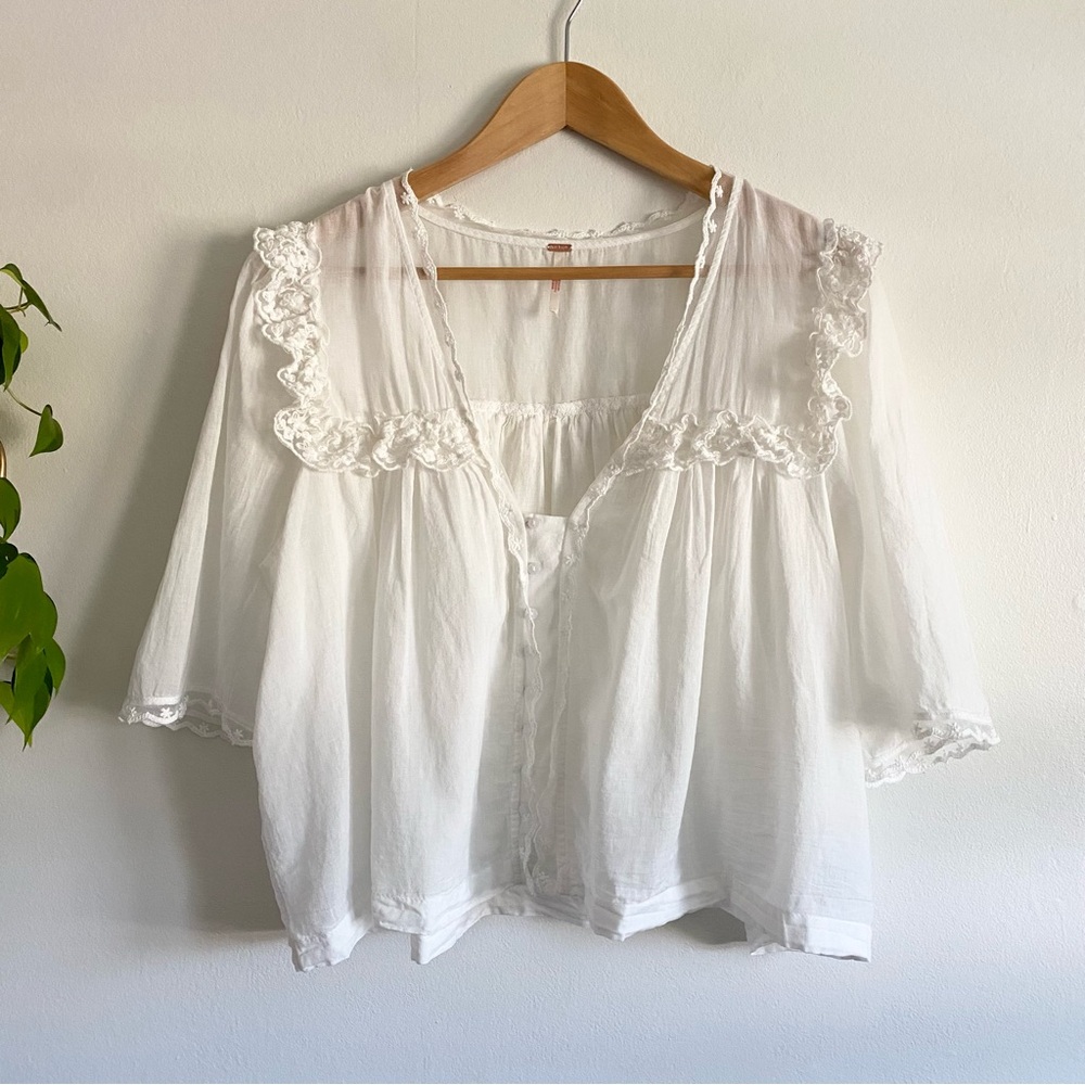 Free People Lace Button Down Top in White